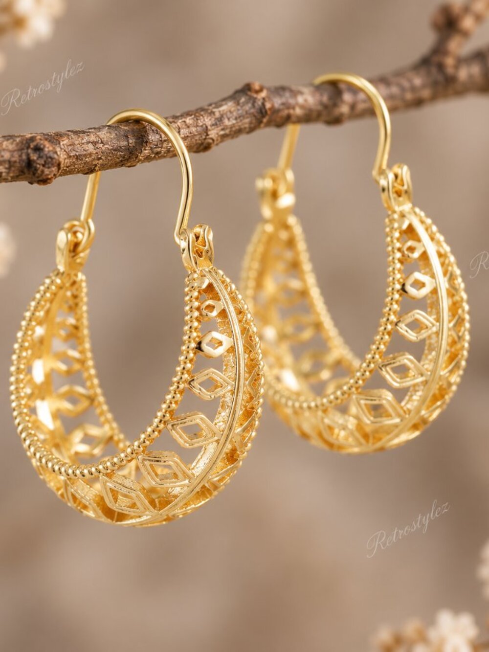 18K Gold Womens 1.5" Hanging Drop Etched Hoop Earrings New 18 K Silver Jewelry
